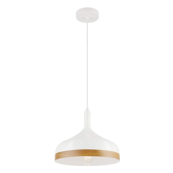 Globe Electric Nora 1-Light Pendant Light, White, Faux Wood Accent, White Cloth Hanging Cord