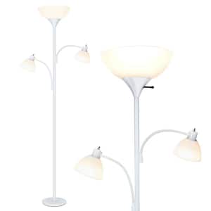 Sky Dome Double 72 in. White Industrial 3-Light 3-Way Dimming LED Floor Lamp with 3 White Plastic Bowl Shades