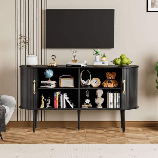 55 in. Black MDF TV Stand Fits TV's up to 60 in. with 2-Sliding Tambour Door and Curved Side Cabinet