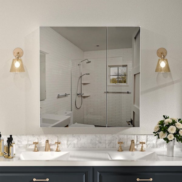 30 in. W x 30 in. H Rectangular Silver Aluminum Recessed/Surface Mount Medicine Cabinet with Mirror