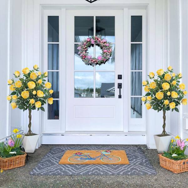 2-Pack 4 ft. Artificial Yellow Rose Trees in Black Pots-52 Blooms