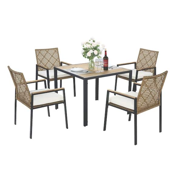 5-Piece Acacia Wood Outdoor Conversation Patio Furniture Set with Beige Cushions