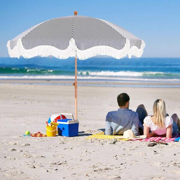 7 ft. Metal Tilt Beach Umbrella in Navy Blue Stripe with Fringe