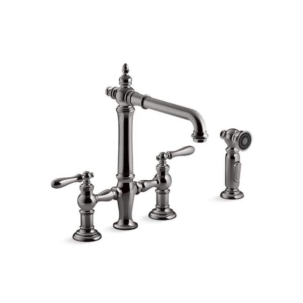 KOHLER Artifacts Double-Handle Surface Mount Bridge Kitchen Faucet in Vibrant Titanium