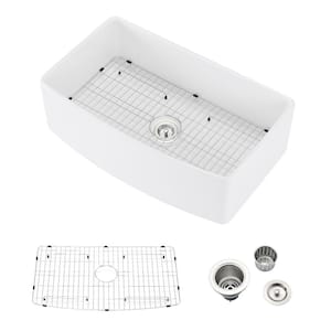 White Fireclay 30 in. Single Bowl Farmhouse Apron Arch Edge Front Kitchen Sink with Bottom Grid and Sink Drain