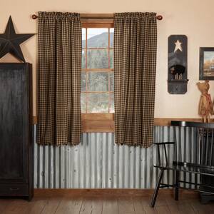 Black Check 36 in W x 63 in L Scalloped Cotton Light Filtering Rod Pocket Window Panel Black Tan Pair