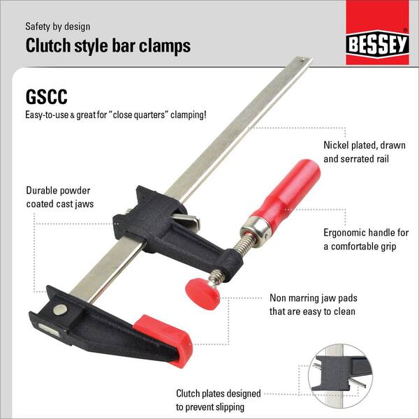 Bessey GSCC2.512 Clutch Style Bar Clamp – 12-Inch Opening, 600 Lb Capacity, Non-Marring Pads