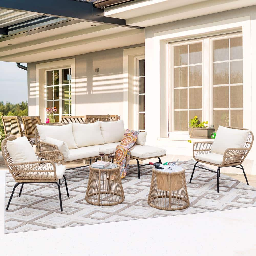 NICESOUL 6 Piece Boho Outdoor Furniture Beige Wicker Small Size Patio Conversation Sofa Set with Round Ice Bucket and Table HD W400S00031 The Home Depot