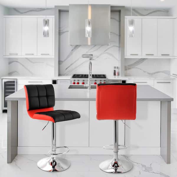 2-Piece 35 in. Adjustable Faux Leather 2-Toned Bar Stool in Black and Red
