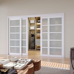 120 in. x 80 in. 5-Lite Tempered Frosted Glass and White MDF Interior Closet Sliding Door with Hardware Kit