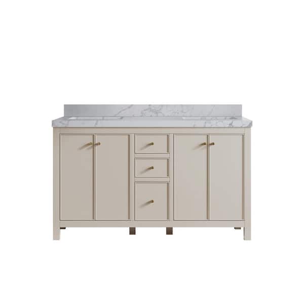 Willow Collections Chicago 60 in. Double Sink Freestanding Fine Grain Bath Vanity with Venatino Qt. Top Unassembled
