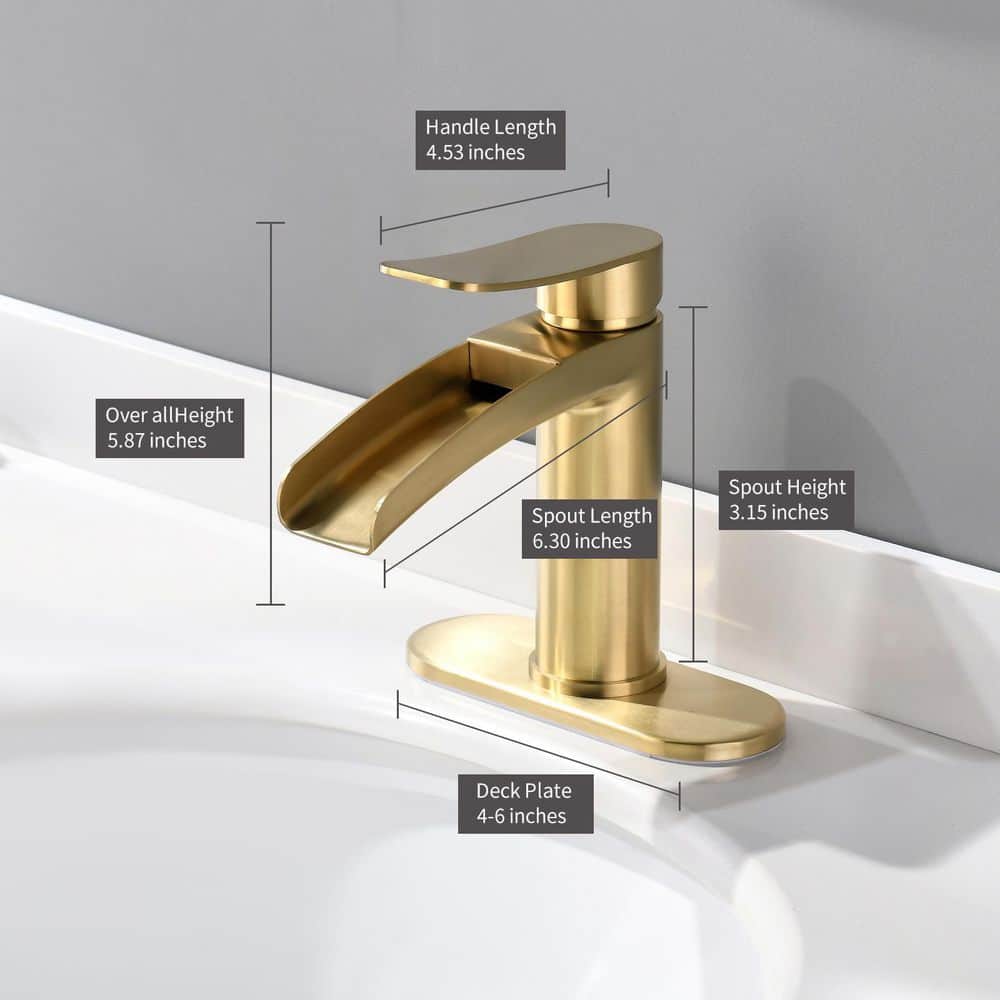 Brushed Gold Single Handle Waterfall Bathroom Faucet with Deck Plate