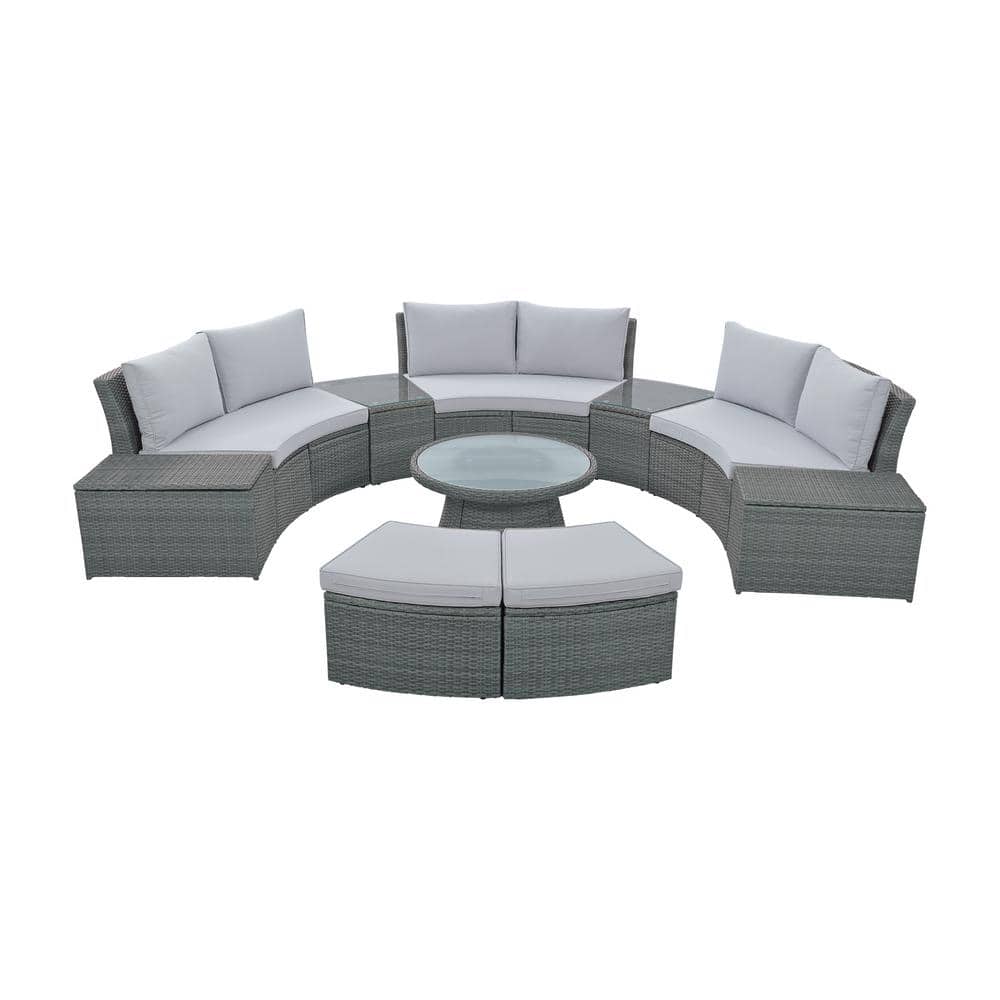 Gray PE Wicker Rattan 10-Piece Outdoor Sectional Half Round Patio Sofa Set 