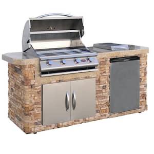 7 ft. Stone Veneer with 4-Burner Propane Gas Grill Island in Stainless Steel