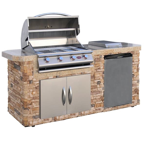 Cal Flame 7 ft. Stone Veneer with 4-Burner Propane Gas Grill Island in Stainless Steel