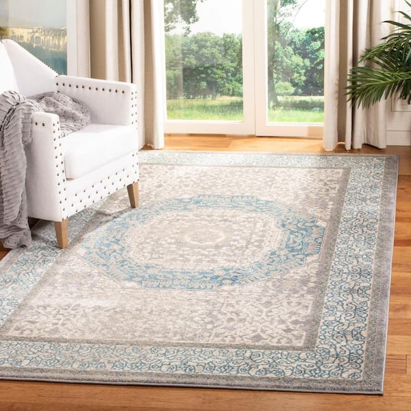 Sofia Light Gray/Blue Doormat 3 ft. x 3 ft. Square Border Area Rug