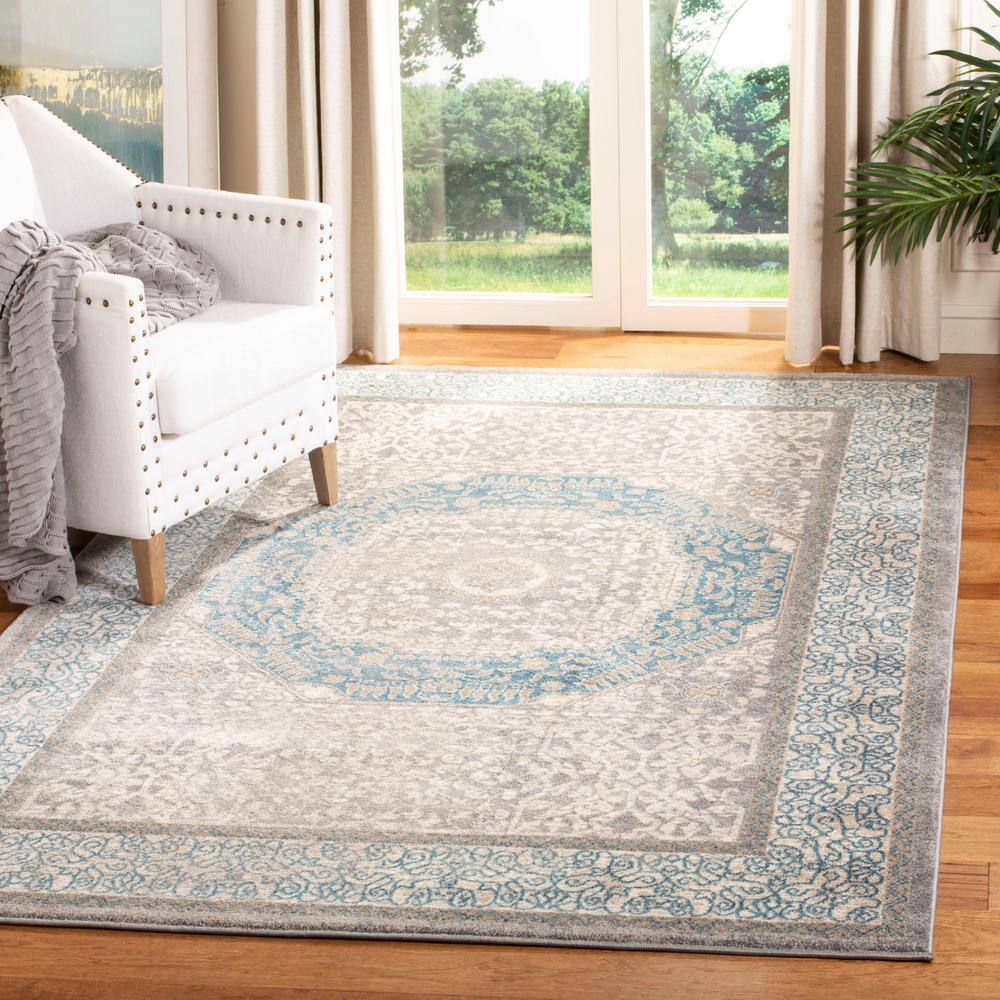 Light Grey and Blue Floral Motif Square Area Rug
