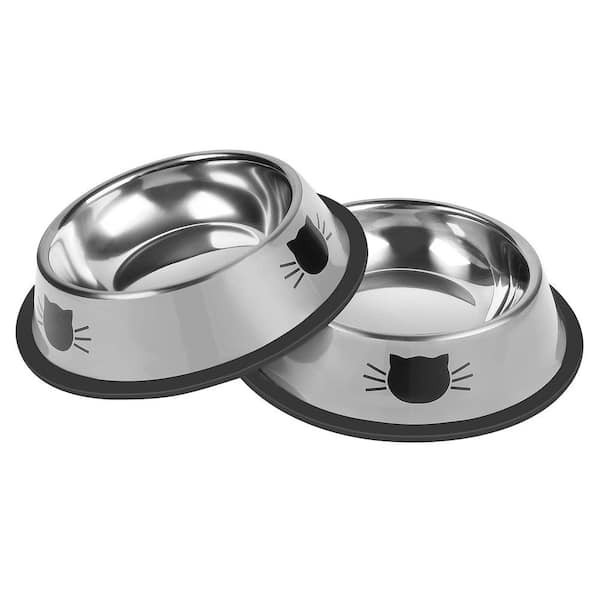 13 fl. oz. Silver Non-Slip Stainless Steel Small Cat Food Bowls with Unbreakable Thick Rubber Base for Pet, (2-Pack)