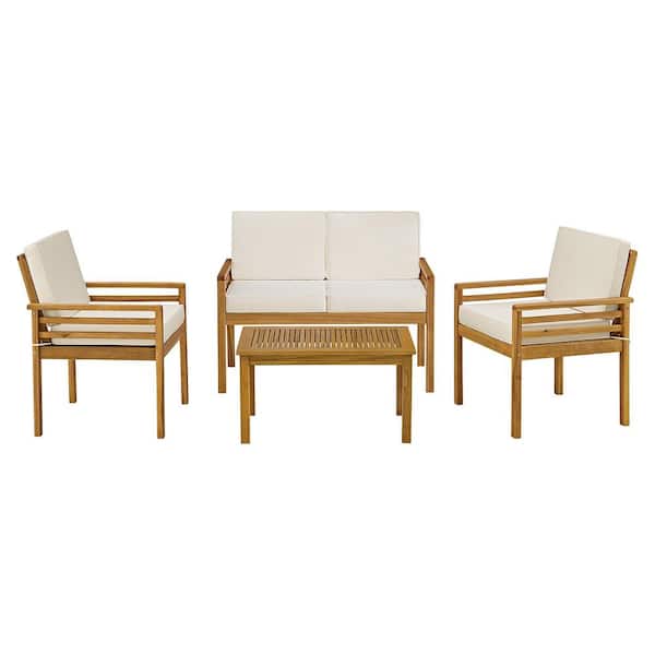 Okemo Acacia Wood Outdoor 4pc Set w/2 Seater Couch, 2 Dining Chairs and Side Table w/Cream Cushions