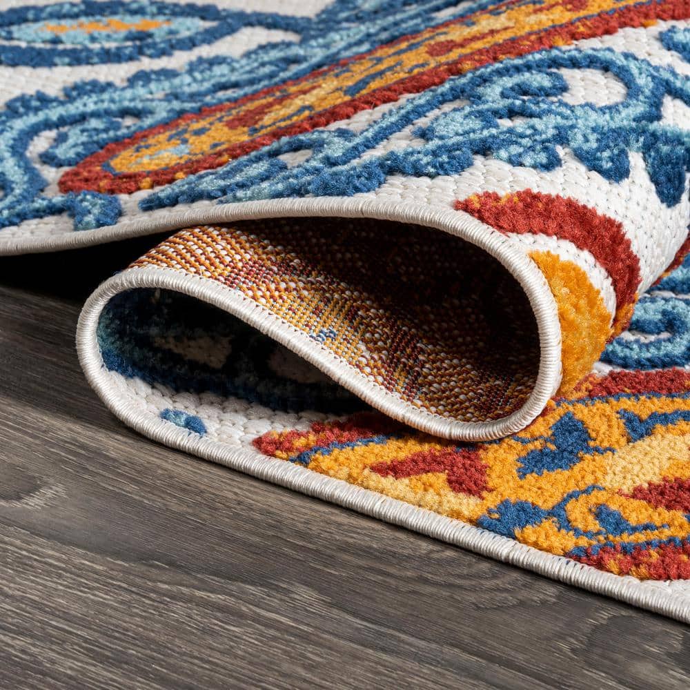 Boho Paisley Orange/Blue Synthetic Indoor/Outdoor Area Rug
