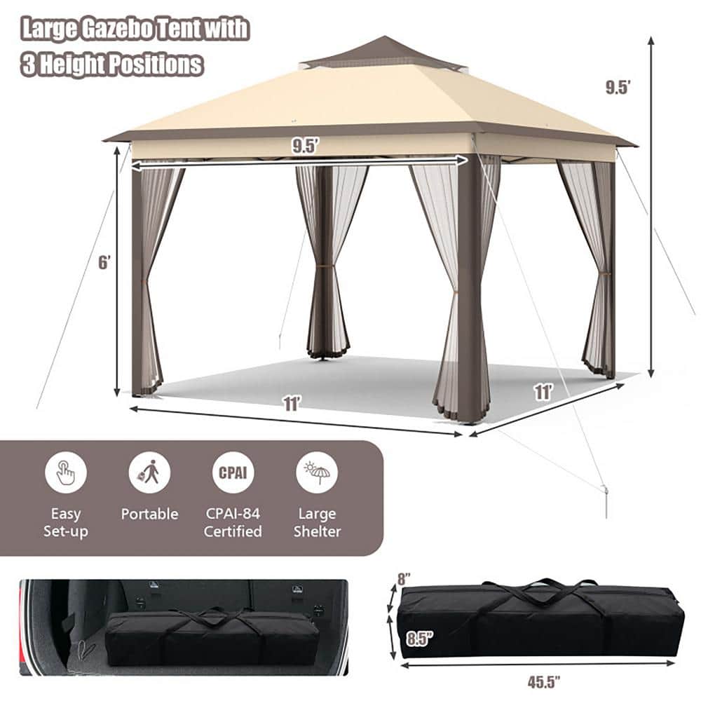 Beige and Brown 11'x11' 2-Tier Pop-Up Gazebo Tent with Mesh