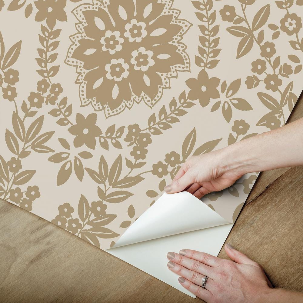 Taupe and Gold Damask Peel and Stick Wallpaper Roll