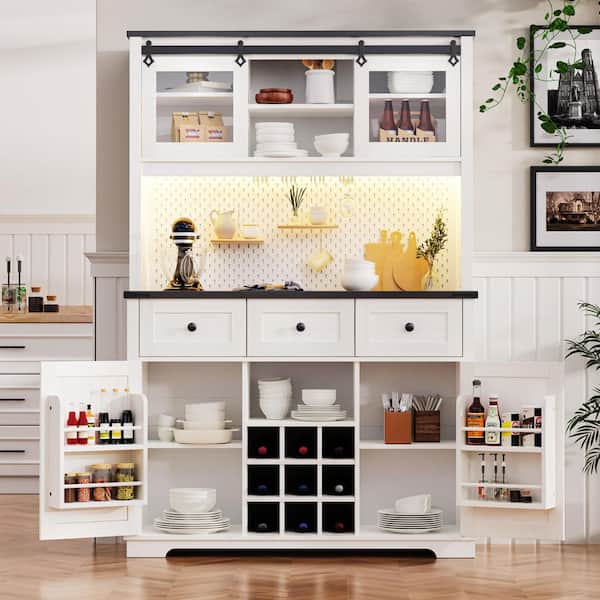 White 71 in. Storage Cabinet with Internal Storage Rack, Sliding Door, Power Outlet, Pegboard, Wine & Glasses Rack