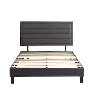 54 in. W Full Size Bed Frame, Gray Upholstered Platform with Headboard Wood Slats Mattress Foundation