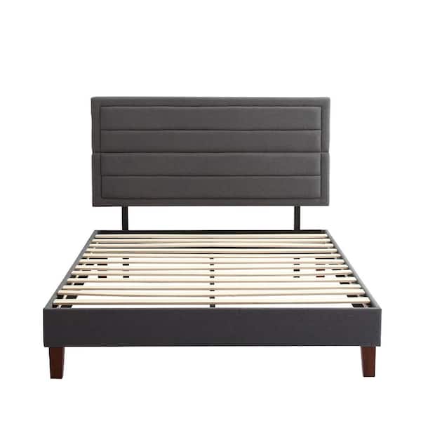 WONDER COMFORT 60 in. W Queen Size Bed Frame, Gray Upholstered Platform with Headboard Wood Slats Mattress Foundation