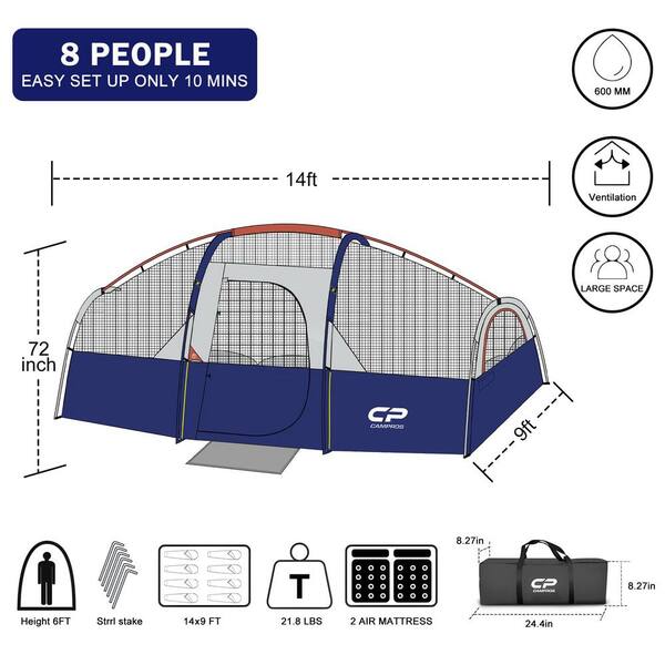 Unbranded - 8-Person Blue with Porch Camping Tents, Divided Curtain for Separated Room, Portable with Carry Bag