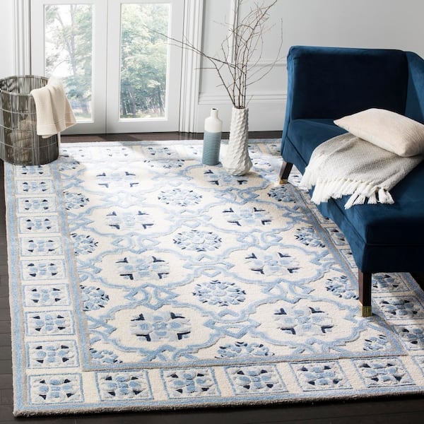 Bella 11 ft. x 15 ft. Ivory/Blue Border Diamond Area Rug