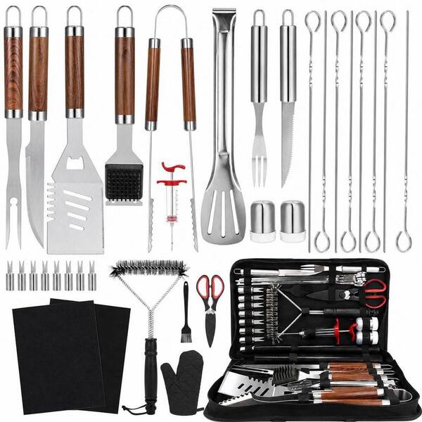 34-Piece BBQ Grilling Accessories Set, Stainless Steel Barbecue Utensils Kit with Mats and Glove in Carrying Bag, Brown