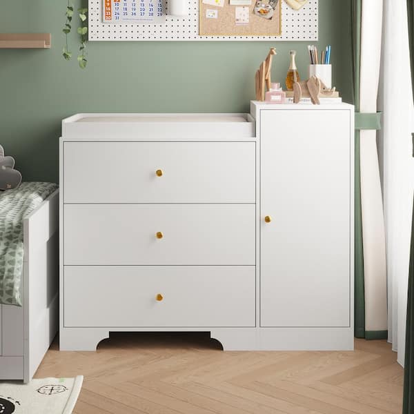 FUFU&GAGA White 3-Drawers 47.2 in. Width Chest of Drawers, Storage Organizer with 2 Shelves and Changing Table Top