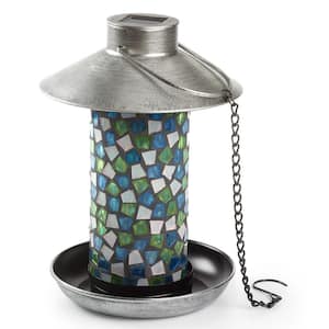 Adelie Mosaic Glass and Distressed Pewter Bird Feeder with Integrated LED Solar Powered Light