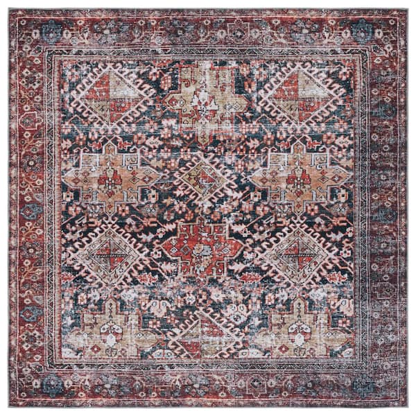 SAFAVIEH Tucson Navy/Rust 8 ft. x 8 ft. Machine Washable Floral Border Square Area Rug