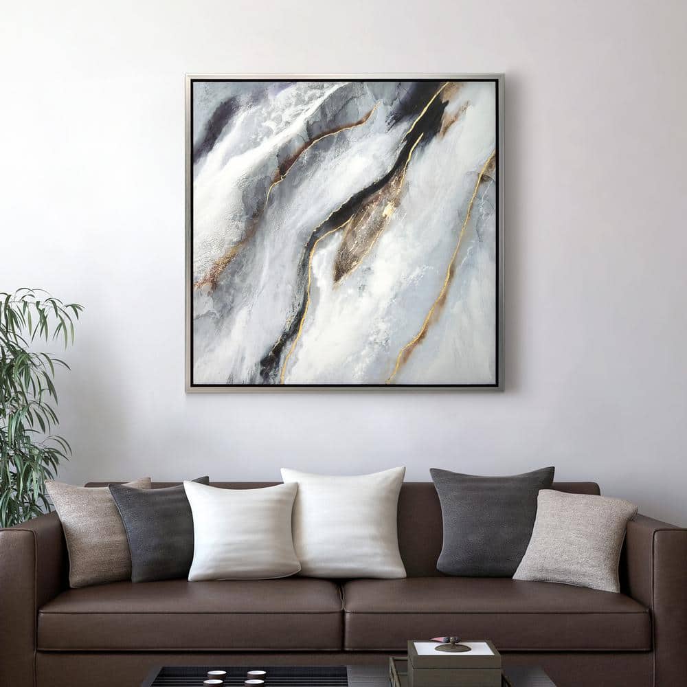 Flood Abstract Black and White Canvas with Gold Leaf and Champagne Frame, 36" x 36"