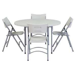 5-Piece Speckled Grey Folding Table Set 48 in. Plastic Round Table and Outdoor Safe Plastic Folding Chairs (Set of 4)