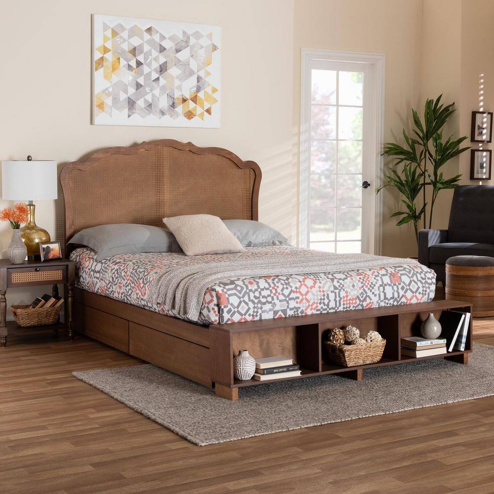 Latrell Walnut Brown Wood Queen Bed with Rattan Headboard and Storage