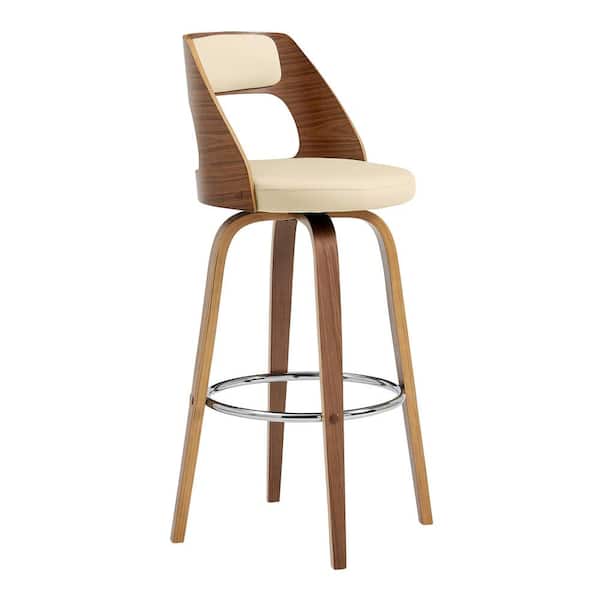 Armen Living Axel 30 in. Bar Height Low Back Swivel Bar Stool in Cream Faux Leather and Walnut Wood