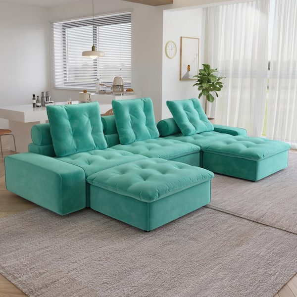 J&E Home 141.77 in. W Square Arm 5-Piece Velvet Modular Deep Seat Sectional Sofa with Ottoman in Blue