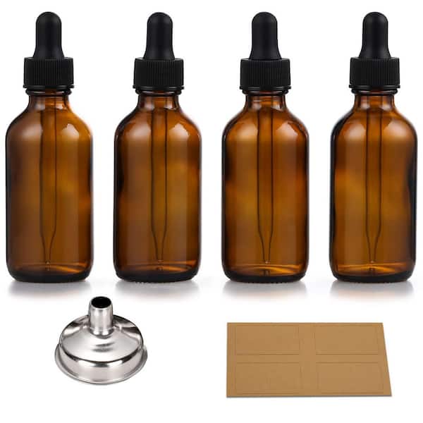 4-Pack 1 oz Dark Amber Glass Dropper Bottles with Funnels and Labels, Reusable Set