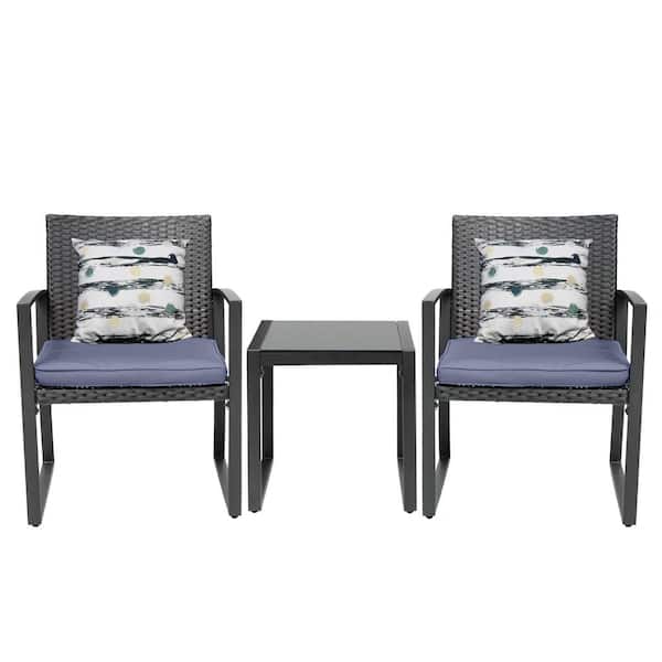 Pyramid Home Decor Lunar Outdoor 3-Piece Bistro Set Black Wicker Furniture-2 Chairs with Glass Coffee Table-Gray
