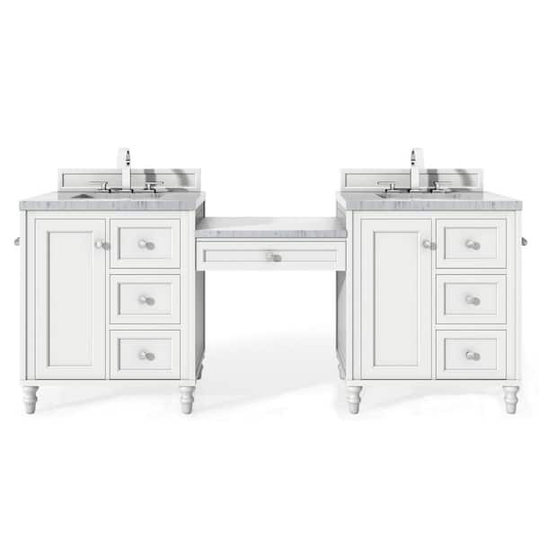 86 White Freestanding Double Sink Bathroom Vanity Set with Makeup Table  Marble Top