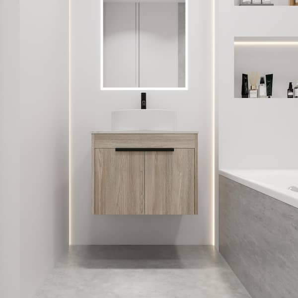 24 in. W x 23 in. D x 19 in. H Single Sink Wall Mounted Bath Vanity in Oak with White Ceramic Top