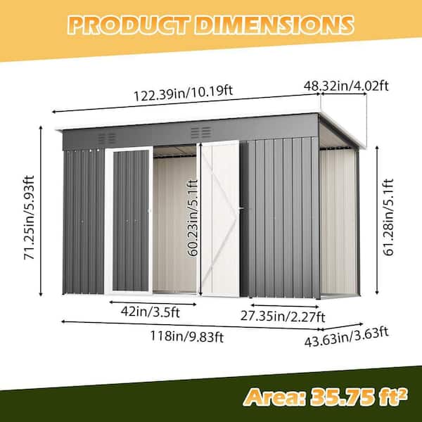 10 ft. W x 4 ft. D Gray Metal Garden Shed for Outdoor Use (40 sq