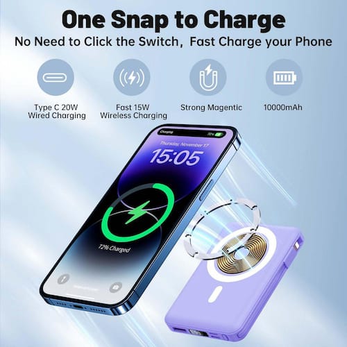 Ultraslim 10000 mAh Magnetic Wireless Portable Charger Power Bank 22.5-Watt Fast Charging with LED Display in Purple Home