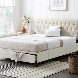 Anna Upholstered Cream Full Bed with Drawers