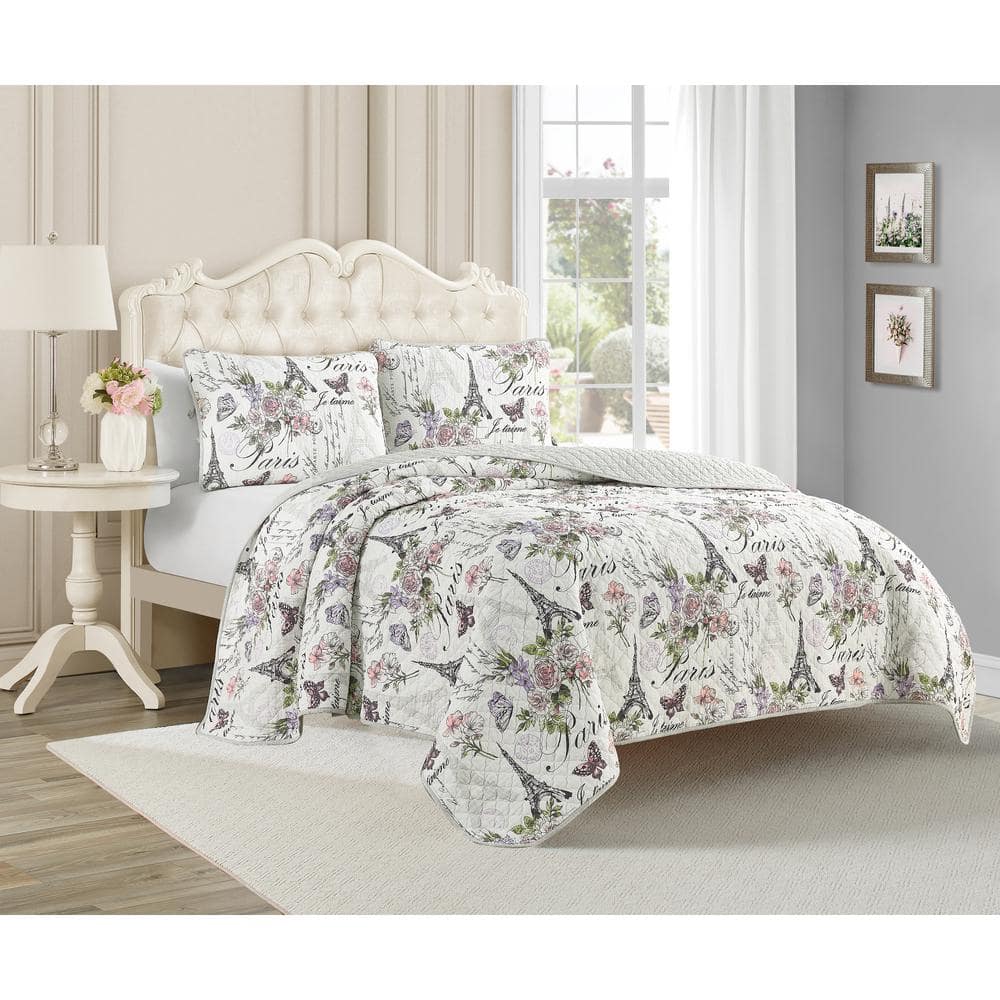 Paris Floral 3-Piece Pink Cotton Quilt Set-Full/Queen