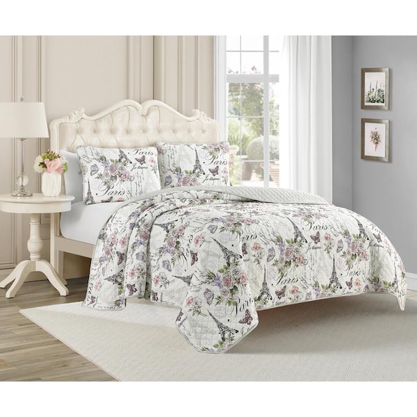 Paris Floral Pink 2-Piece All-Season Reversible Cotton Quilt Set - Twin