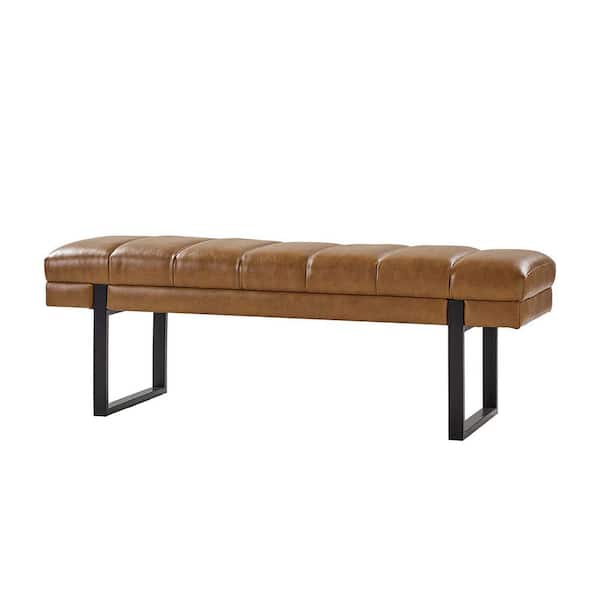 Leander Camel 52.5 in.W Modern Industrial Channel Tufted Upholstered Bench with Metal Legs